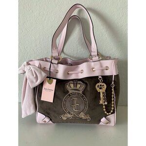 Juicy Couture Classic Juicy Lover Daydreamer Tote Bag Chocolate Pink Velour NEW